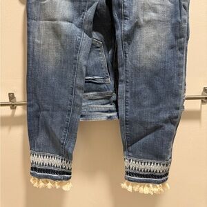 LOFT Blue Embroidered Hem Jeans with Tassel Trim